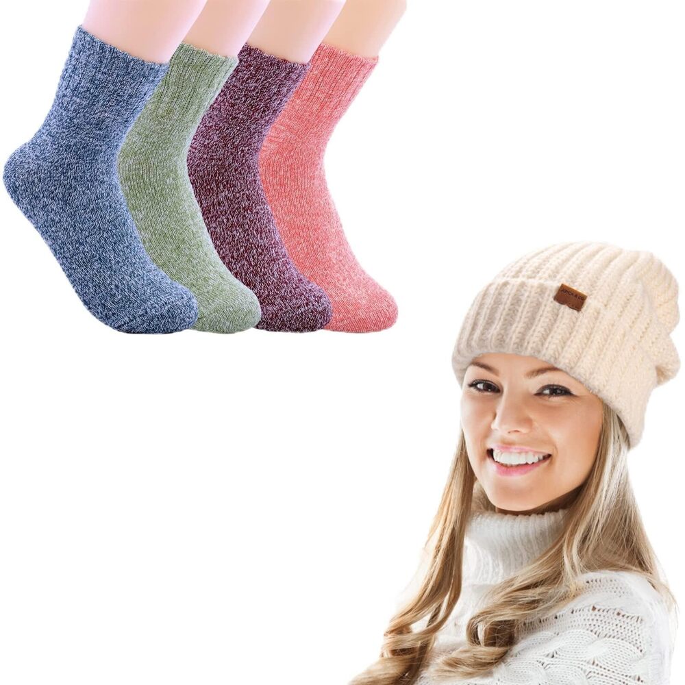 9052 Winter Warm Wool Socks and Slouchy Fall Beanie Hat Bundle